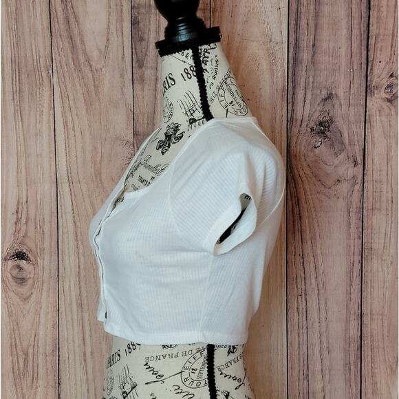 Forever 21 Ivory White Ribbed Button Up Crop Top, Sz S - Picture 2 of 8